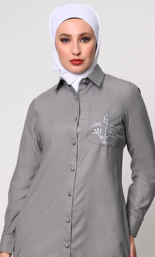 Classic Grey Shirt Tunic with Pocket Embroidery - EastEssence.com