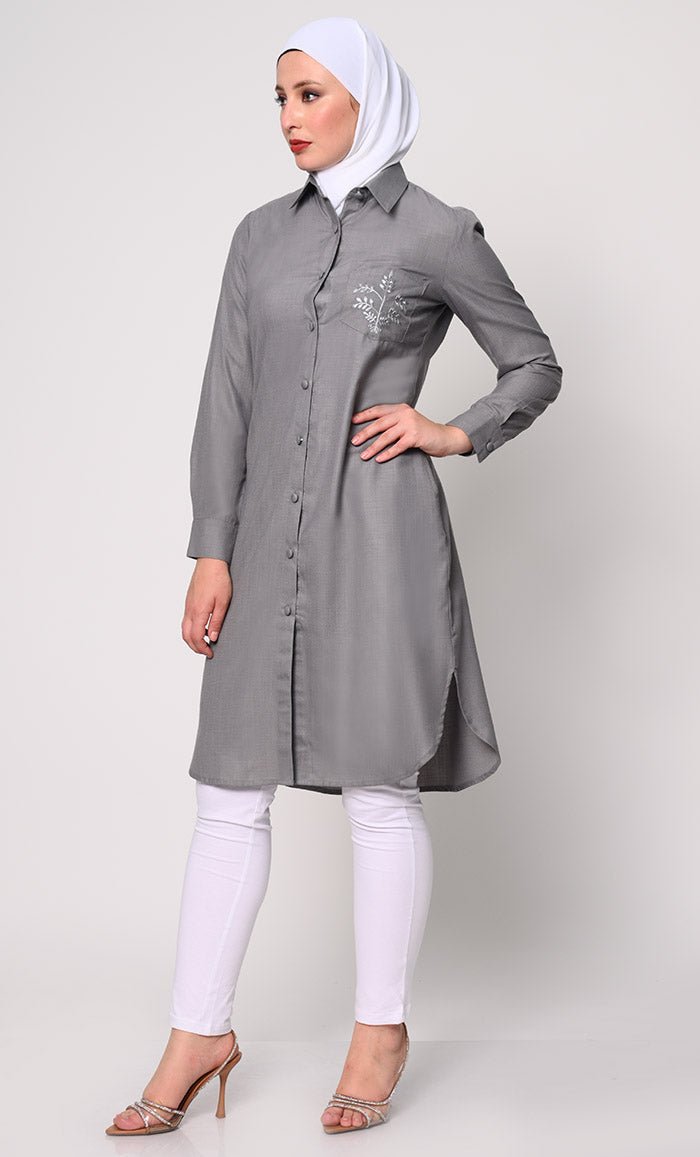Classic Grey Shirt Tunic with Pocket Embroidery - EastEssence.com