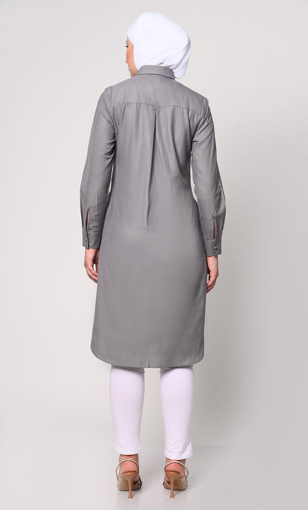 Classic Grey Shirt Tunic with Pocket Embroidery - EastEssence.com