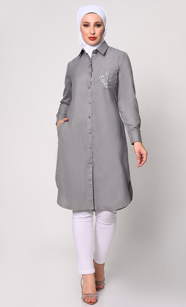 Classic Grey Shirt Tunic with Pocket Embroidery - Final Sale - EastEssence.com