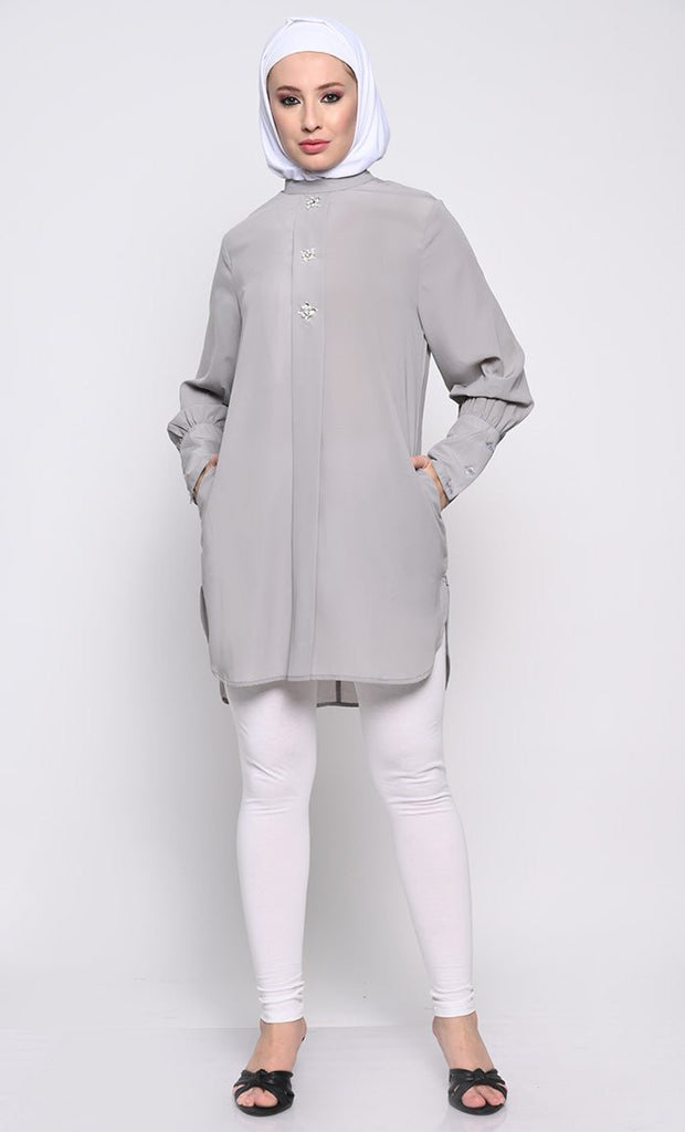 Classic Nida Tunic with Crystal Button Embellishments - EastEssence.com