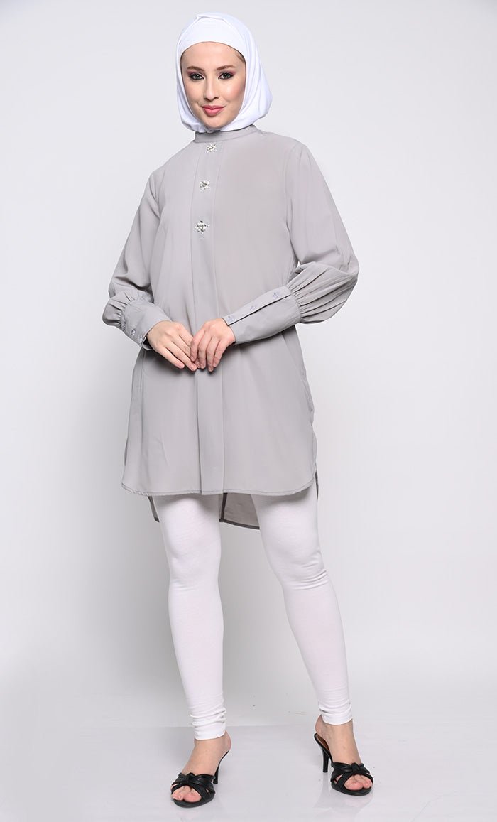 Classic Nida Tunic with Crystal Button Embellishments - EastEssence.com