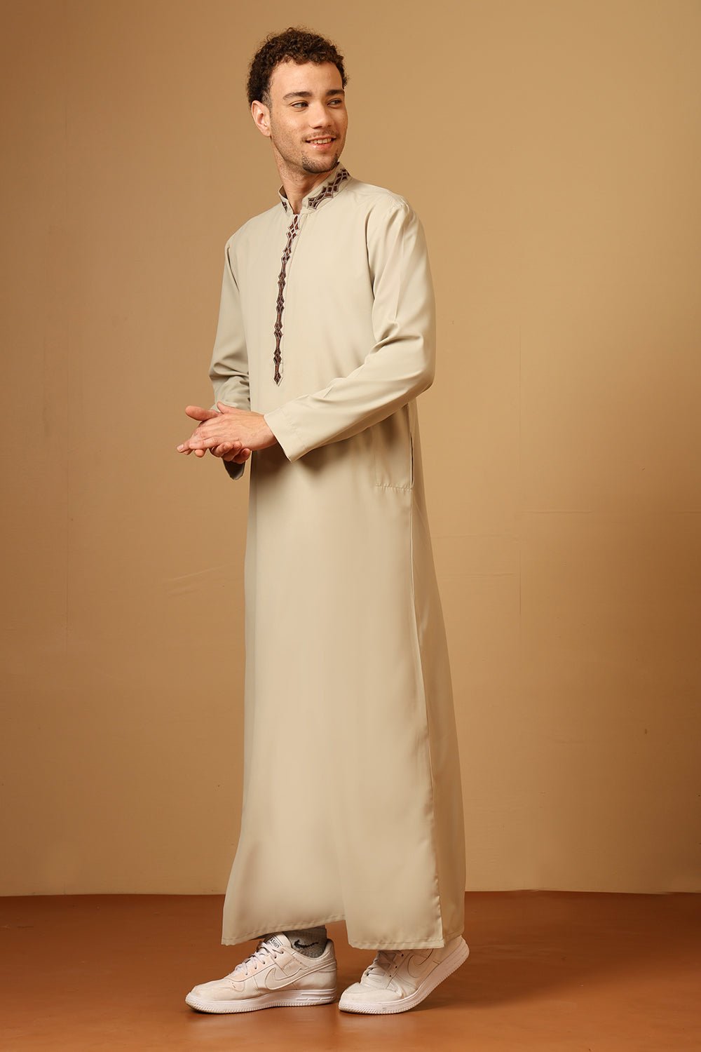 Classic Poly Cotton Thobe with Embroidered Neck & Chest - EastEssence.com