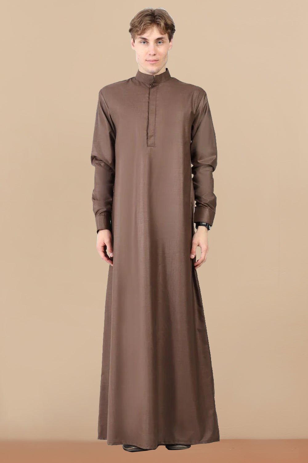 Classic Polyester Poplin Thobe with Matching Sleeveless Jacket – 2 - Piece Brown Set - EastEssence.com