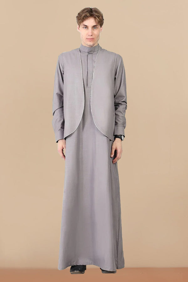 Classic Polyester Poplin Thobe with Matching Sleeveless Jacket – 2 - Piece grey Set - EastEssence.com