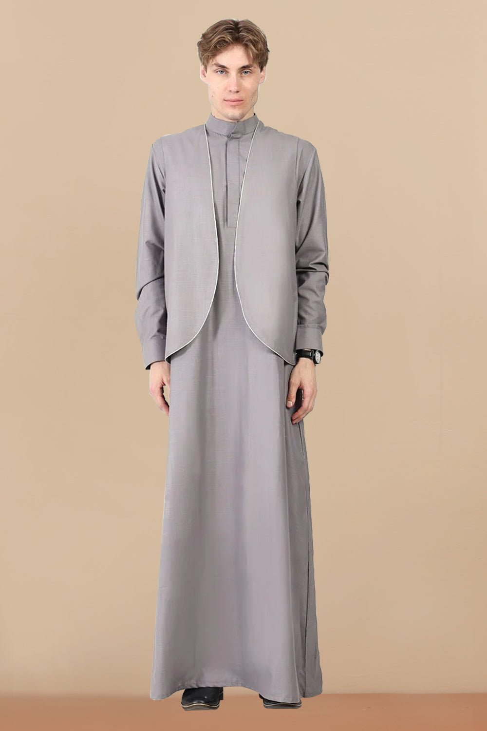 Classic Polyester Poplin Thobe with Matching Sleeveless Jacket – 2 - Piece grey Set - EastEssence.com