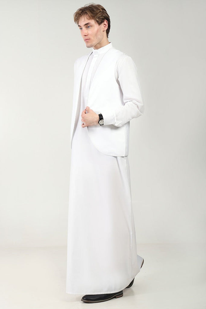 Classic Polyester Poplin Thobe with Matching Sleeveless Jacket – 2 - Piece White Set - EastEssence.com