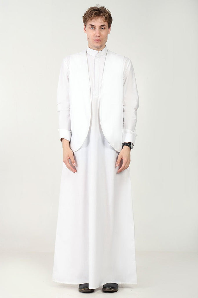 Classic Polyester Poplin Thobe with Matching Sleeveless Jacket – 2 - Piece White Set - EastEssence.com