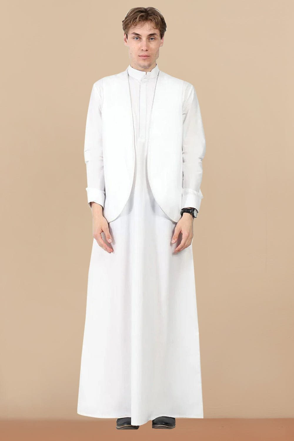 Thobe classique en popeline de polyester avec gilet assorti sans manches – Ensemble 2 pièces blanc