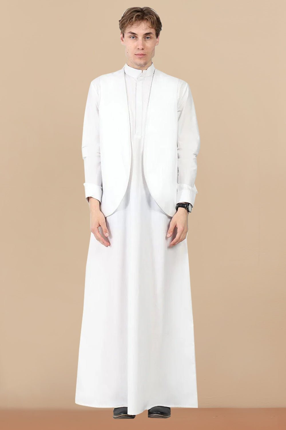 Classic Polyester Poplin Thobe with Matching Sleeveless Jacket – 2 - Piece White Set - EastEssence.com