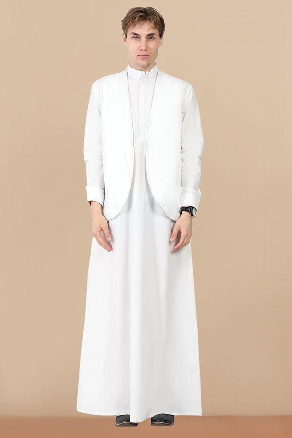 Classic Polyester Poplin Thobe with Matching Sleeveless Jacket – 2 - Piece White Set - EastEssence.com