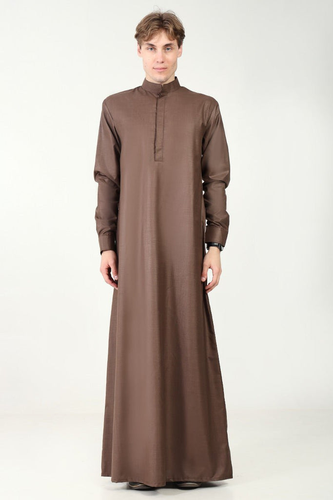 Classic Polyester Poplin Thobe with Stand Collar & Piping Detailing - Brown - EastEssence.com