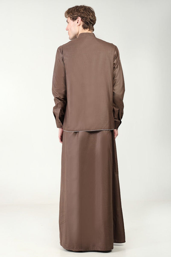 Classic Polyester Poplin Thobe with Stand Collar & Piping Detailing - Brown - EastEssence.com