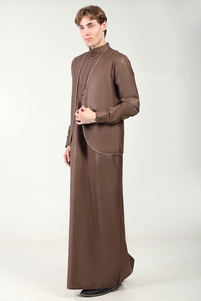 Classic Polyester Poplin Thobe with Stand Collar & Piping Detailing - Brown - EastEssence.com