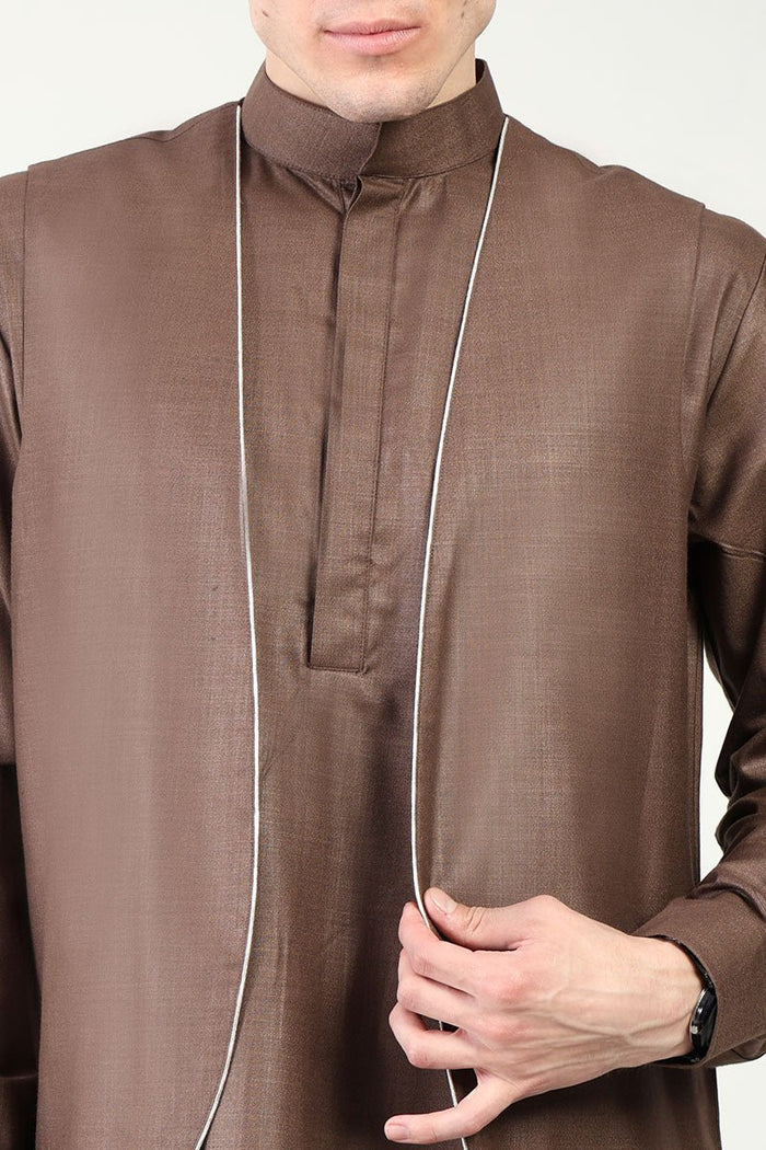 Classic Polyester Poplin Thobe with Stand Collar & Piping Detailing - Brown - EastEssence.com