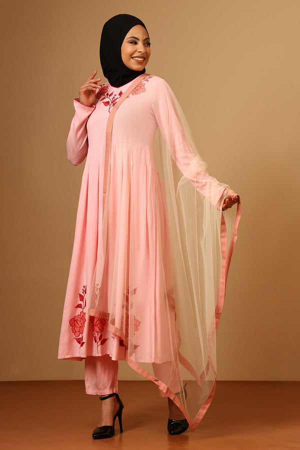 Classic Rayon V - Neck pink Embroidered Salwar Kameez Set with Dupatta - EastEssence.com