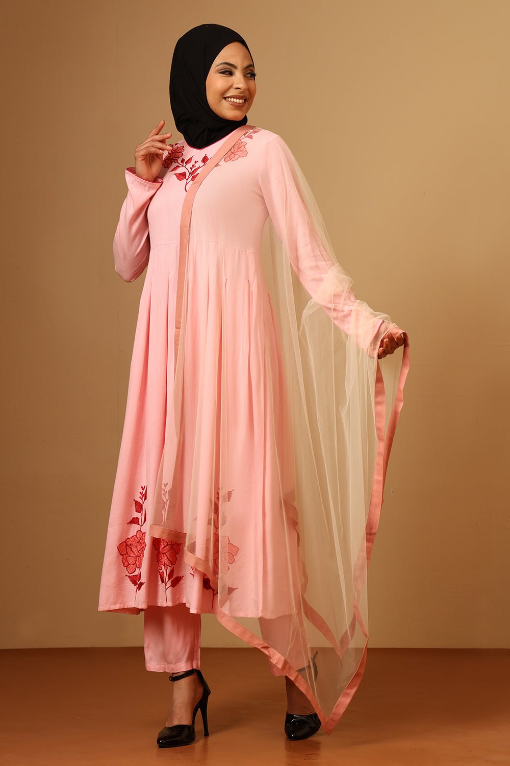 Classic Rayon V - Neck pink Embroidered Salwar Kameez Set with Dupatta - EastEssence.com
