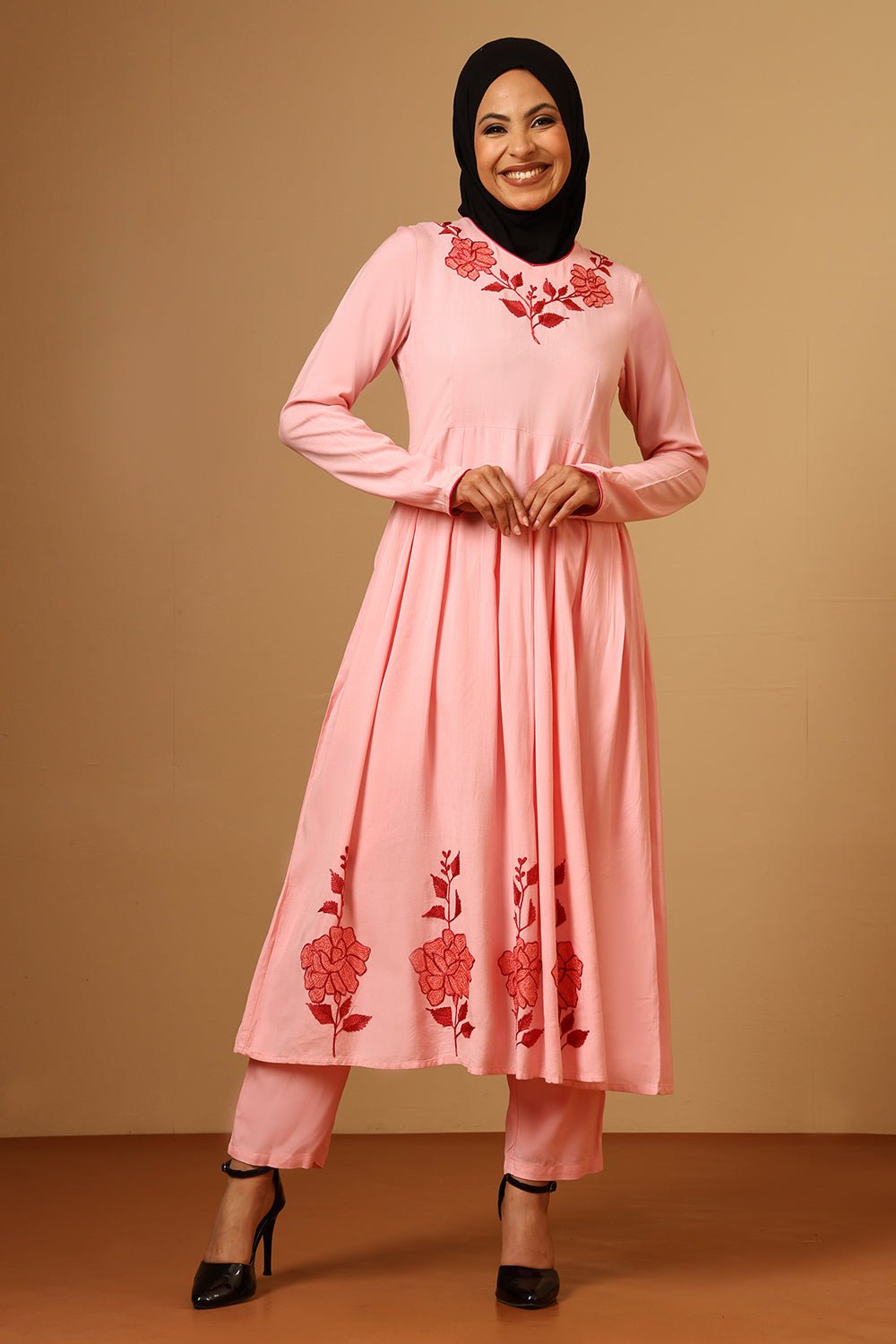 Classic Rayon V - Neck pink Embroidered Salwar Kameez Set with Dupatta - EastEssence.com