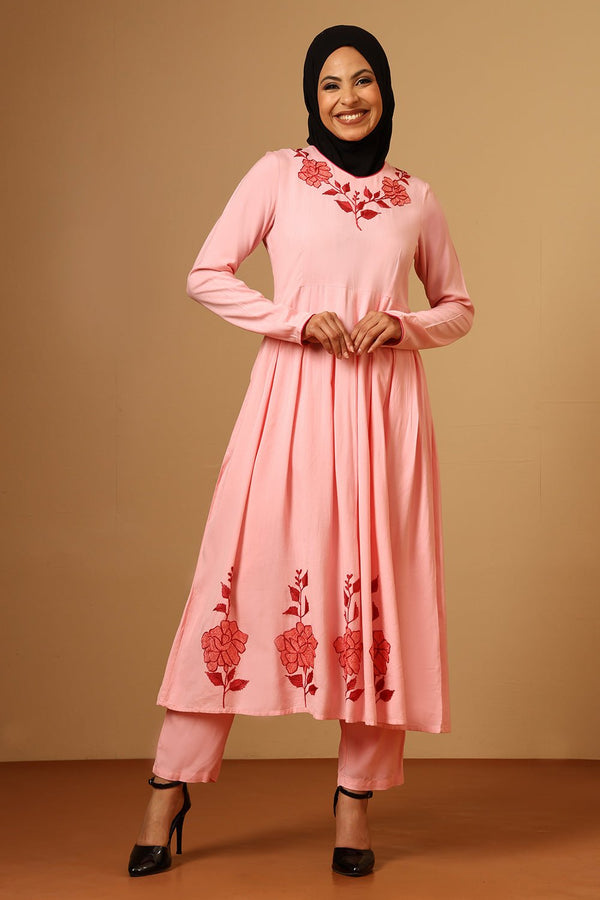 Classic Rayon V - Neck pink Embroidered Salwar Kameez Set with Dupatta - EastEssence.com