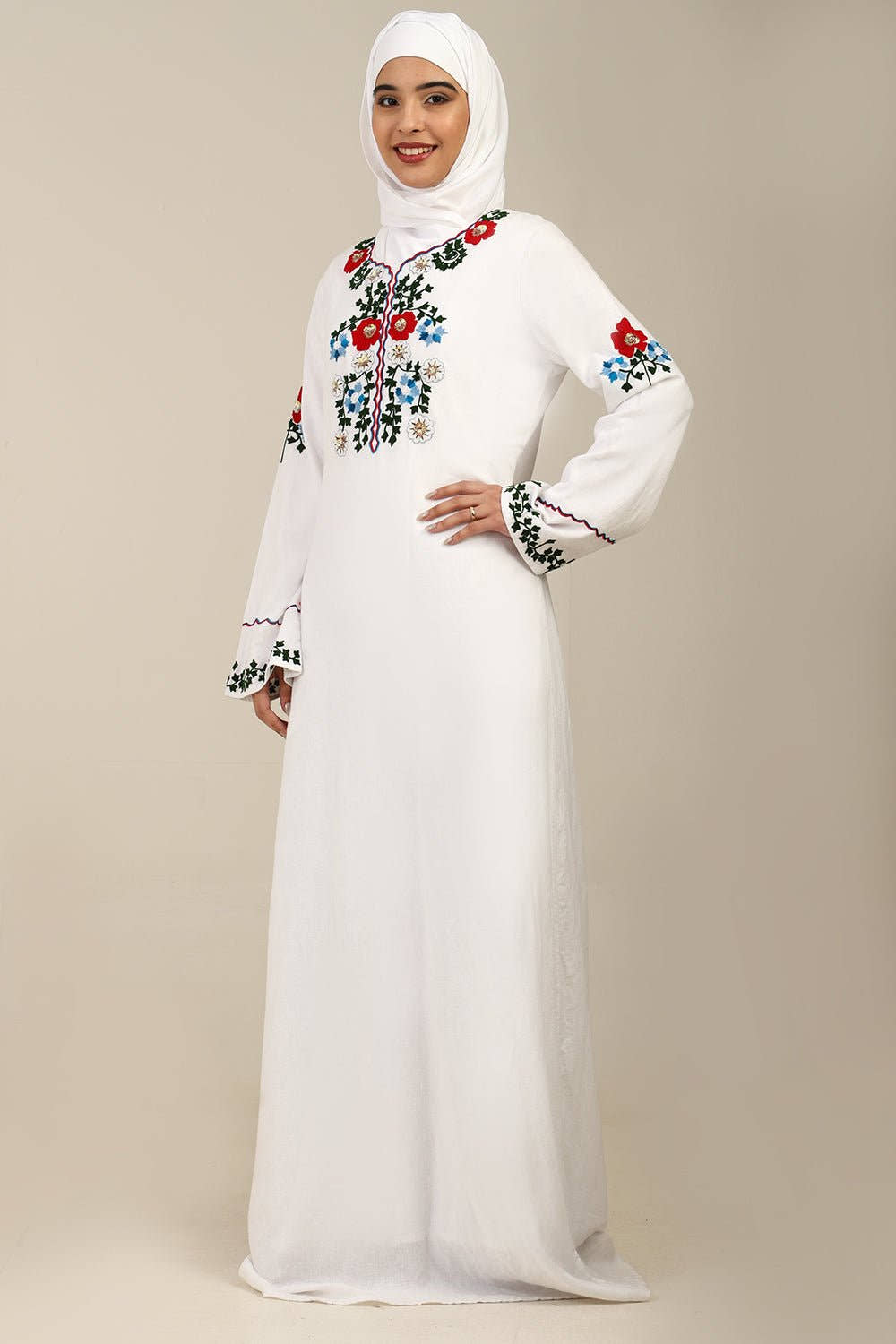 Classic White Linen Abaya with Embroidered Floral Design - EastEssence.com