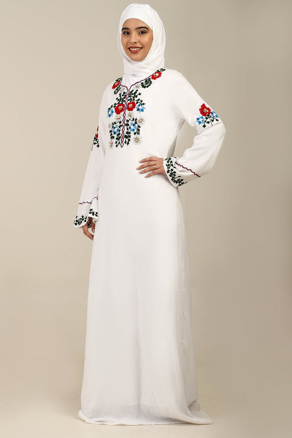 Classic White Linen Abaya with Embroidered Floral Design - EastEssence.com