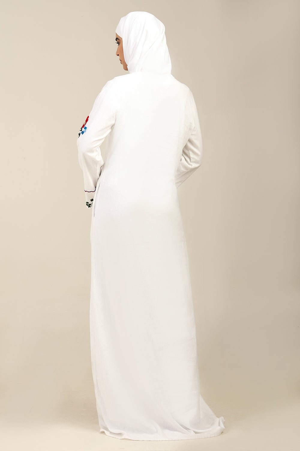 Classic White Linen Abaya with Embroidered Floral Design - EastEssence.com