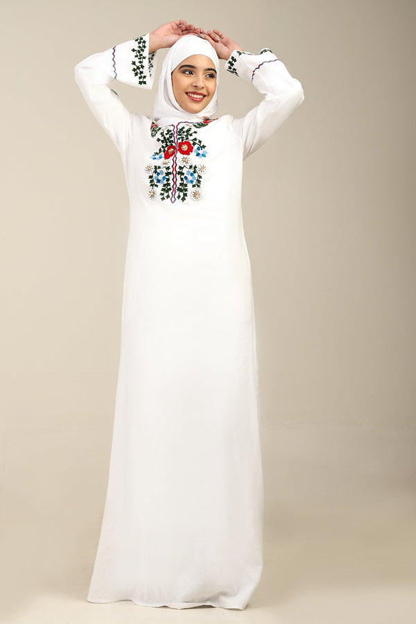 Classic White Linen Abaya with Embroidered Floral Design - EastEssence.com