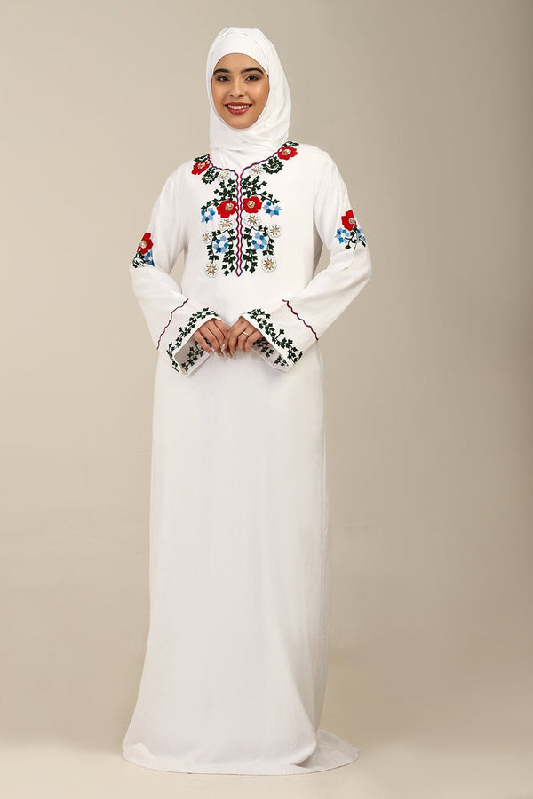 Classic White Linen Abaya with Embroidered Floral Design - EastEssence.com