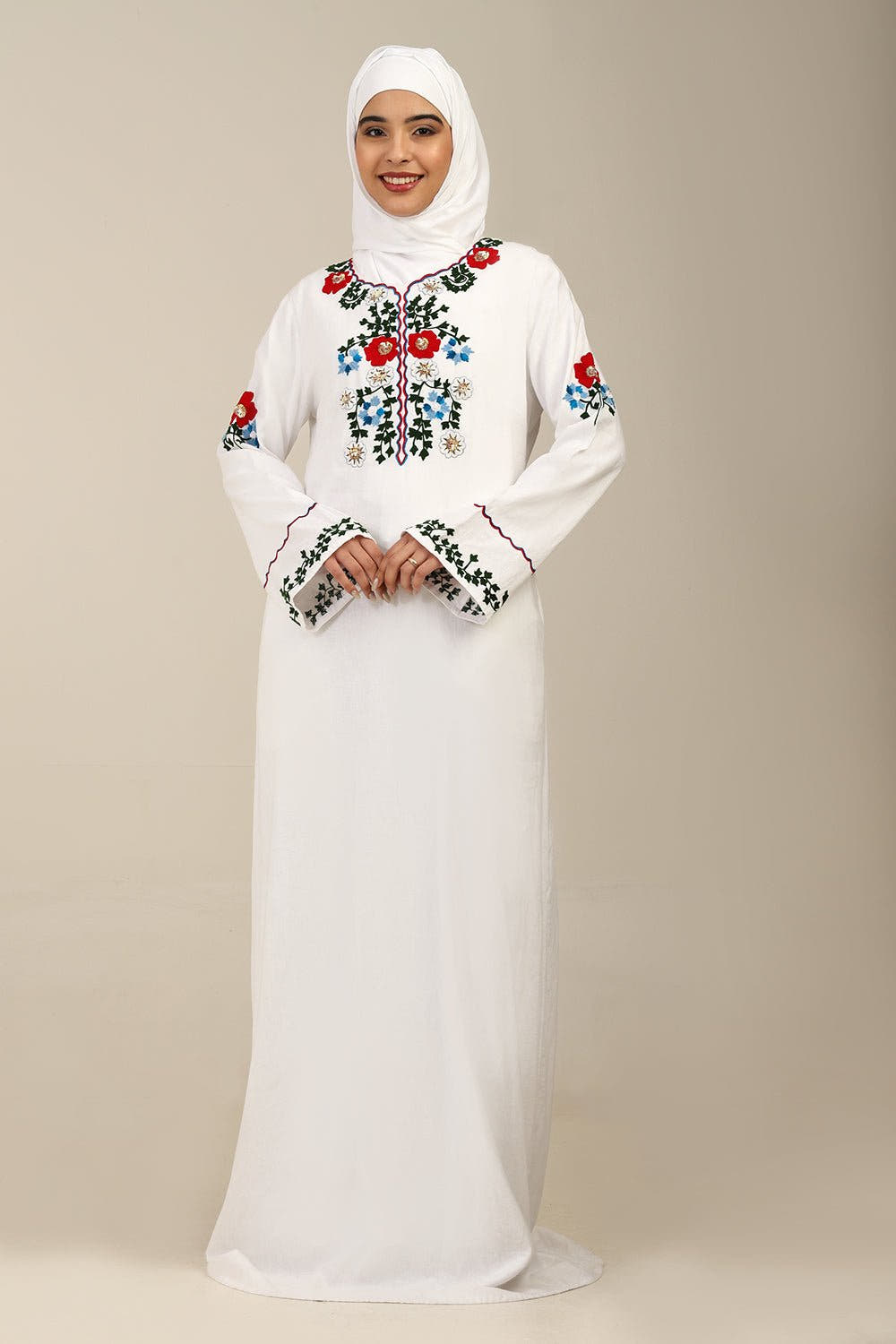 Classic White Linen Abaya with Embroidered Floral Design