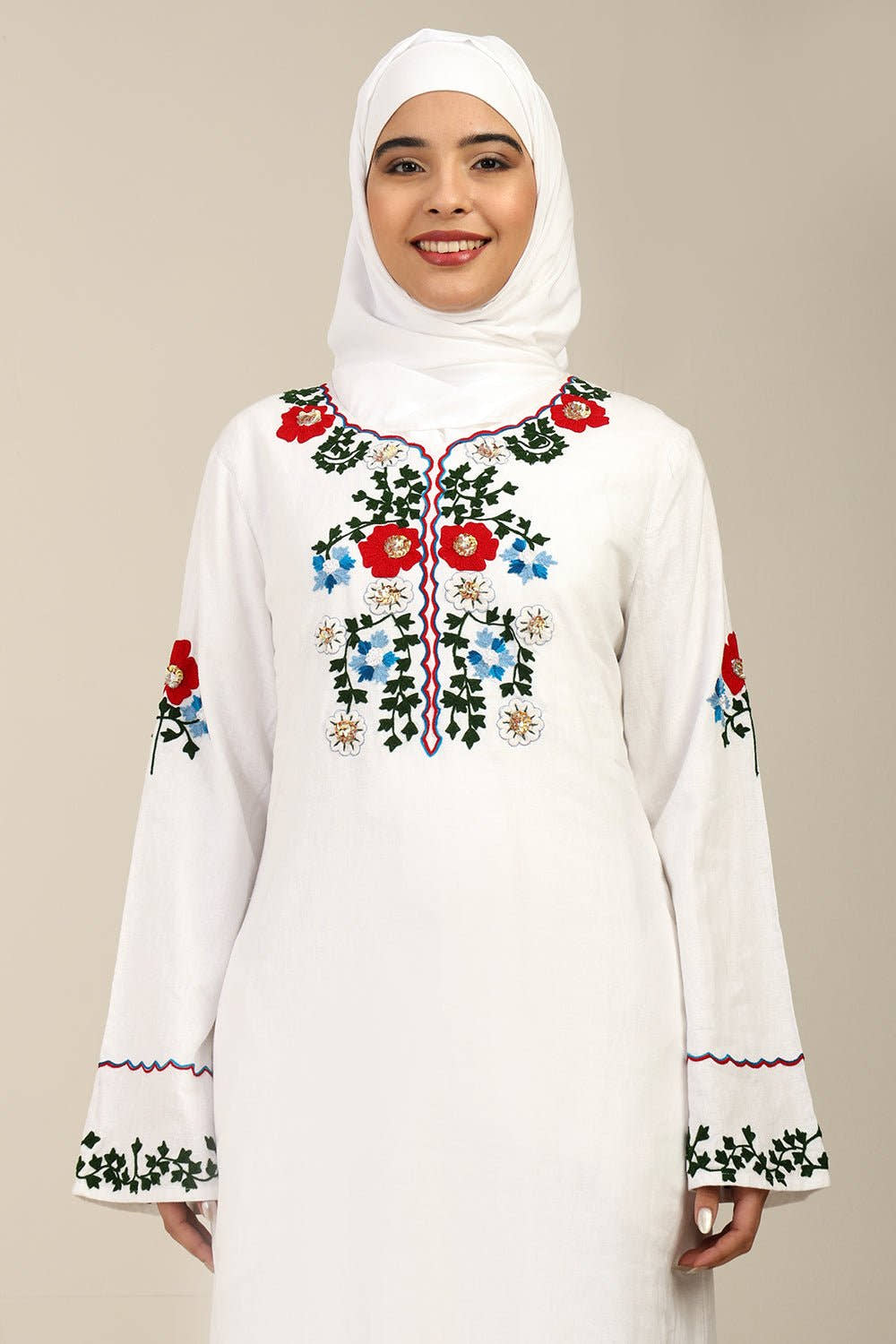 Classic White Linen Abaya with Embroidered Floral Design - EastEssence.com