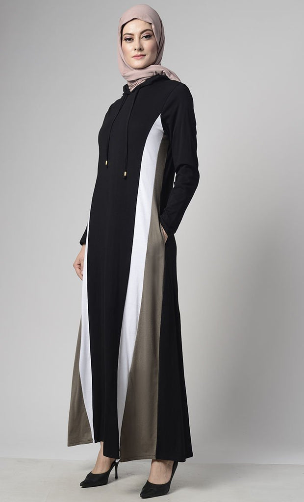 Color Block Basic Jersey Hooded Abaya With Pockets - Final Sale - EastEssence.com