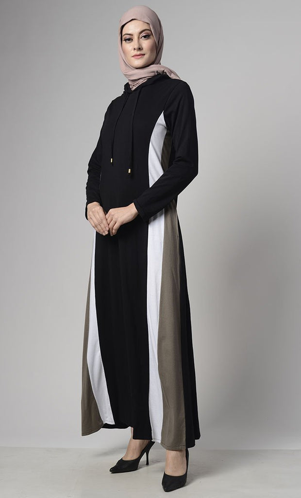 Color Block Basic Jersey Hooded Abaya With Pockets - Final Sale - EastEssence.com