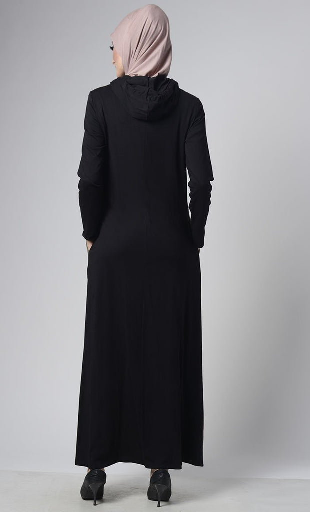 Color Block Basic Jersey Hooded Abaya With Pockets - Final Sale - EastEssence.com