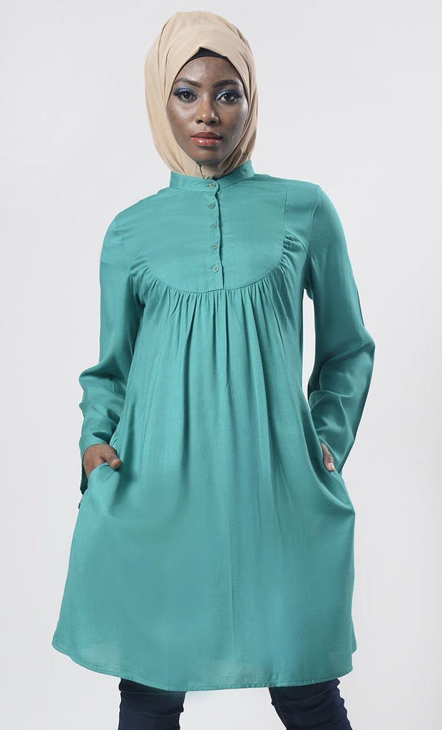 Comfy Everyday wear Pine Green Front Open Button Long Tunic - Final Sale - EastEssence.com