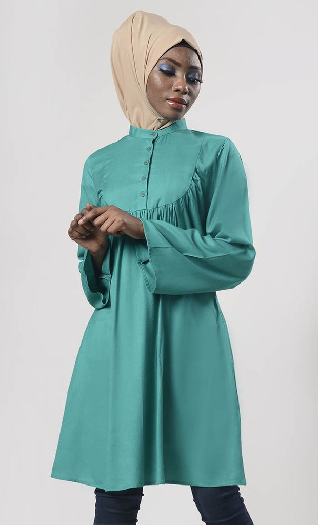 Comfy Everyday wear Pine Green Front Open Button Long Tunic - Final Sale - EastEssence.com