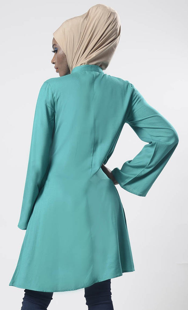 Comfy Everyday wear Pine Green Front Open Button Long Tunic - Final Sale - EastEssence.com