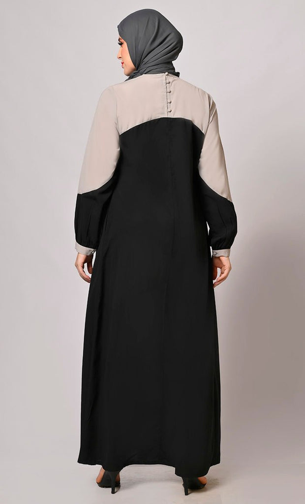 Contemporary Classics: Black Abaya with Grey Yoke and Pockets - Final Sale - EastEssence.com