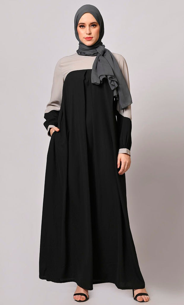 Contemporary Classics: Black Abaya with Grey Yoke and Pockets - Final Sale - EastEssence.com