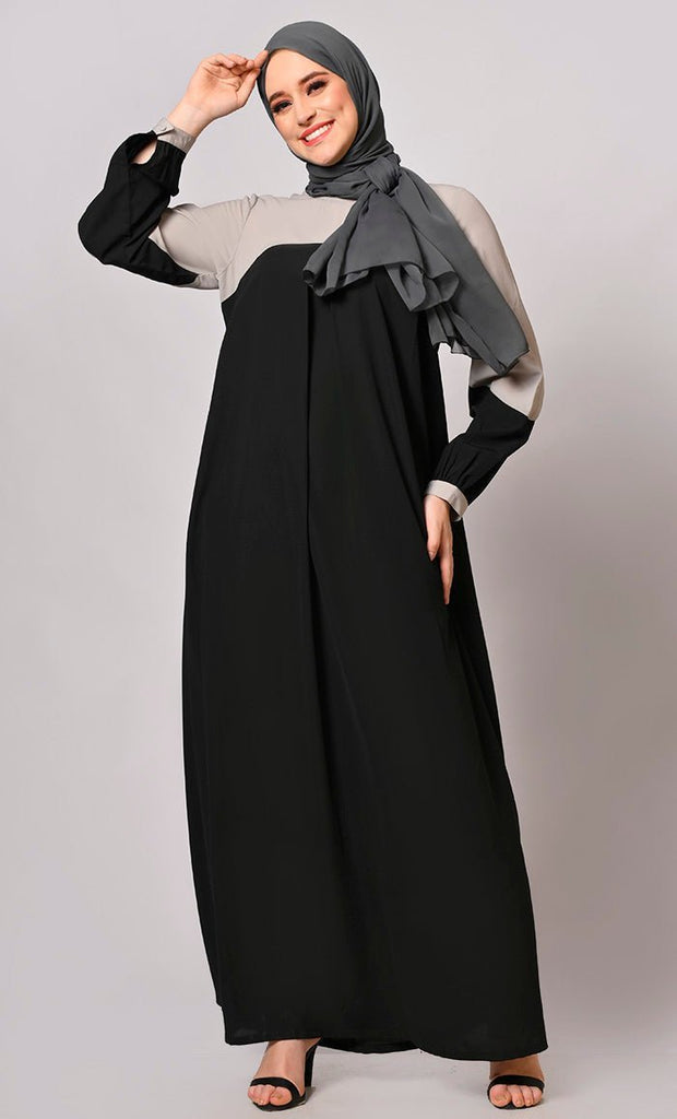 Contemporary Classics: Black Abaya with Grey Yoke and Pockets - Final Sale - EastEssence.com