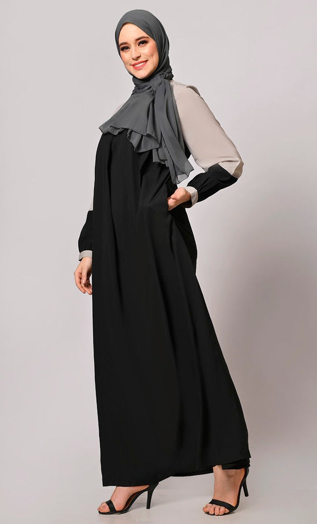 Contemporary Classics: Black Abaya with Grey Yoke and Pockets - Final Sale - EastEssence.com