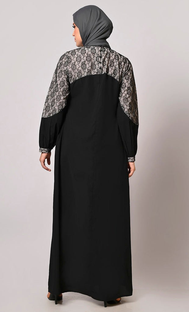 Contemporary Classics: Black Abaya with Net Yoke and Pockets - Final Sale - EastEssence.com