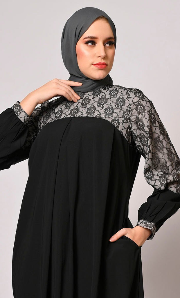 Contemporary Classics: Black Abaya with Net Yoke and Pockets - Final Sale - EastEssence.com