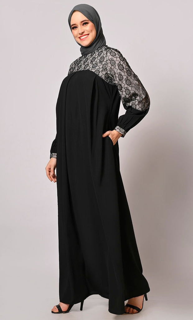 Contemporary Classics: Black Abaya with Net Yoke and Pockets - Final Sale - EastEssence.com