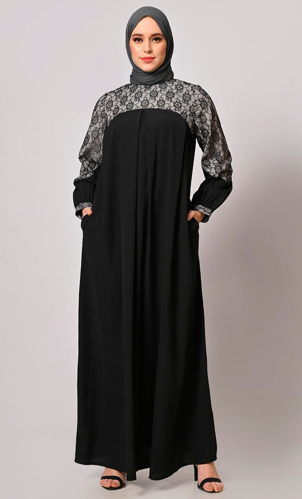 Contemporary Classics: Black Abaya with Net Yoke and Pockets - Final Sale - EastEssence.com