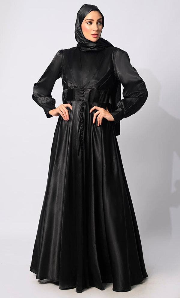 Contemporary Couture: Black Satin Flared Abaya with front Pleating and show Buttons - EastEssence.com