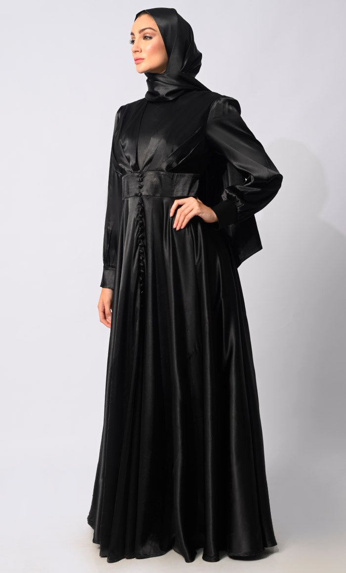 Contemporary Couture: Black Satin Flared Abaya with front Pleating and show Buttons - EastEssence.com
