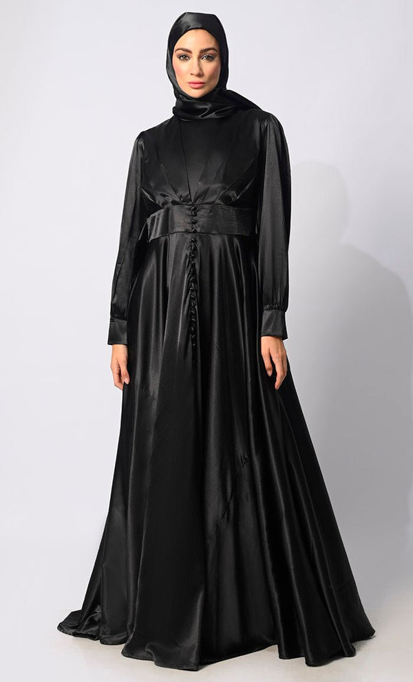 Contemporary Couture: Black Satin Flared Abaya with front Pleating and show Buttons - EastEssence.com