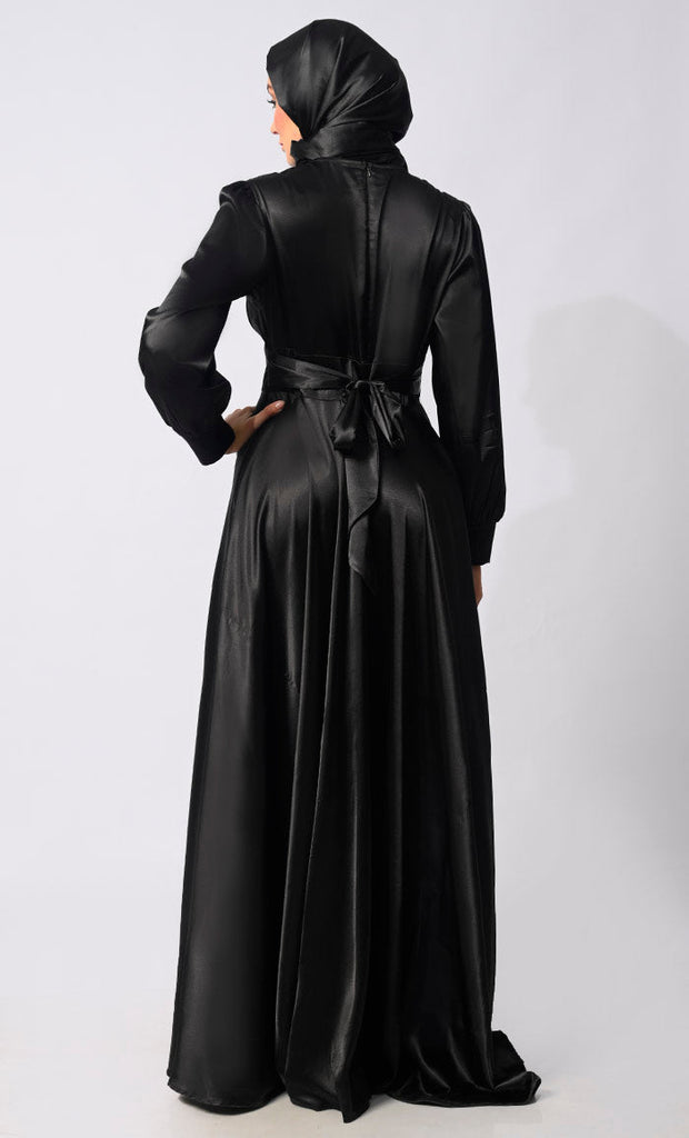 Contemporary Couture: Black Satin Flared Abaya with front Pleating and show Buttons - EastEssence.com