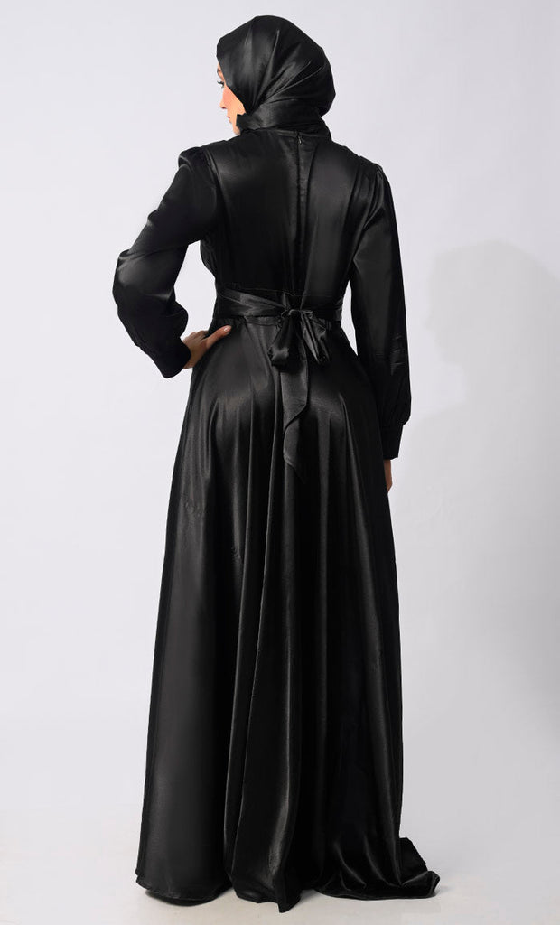 Contemporary Couture: Black Satin Flared Abaya with front Pleating and show Buttons - Final Sale - EastEssence.com