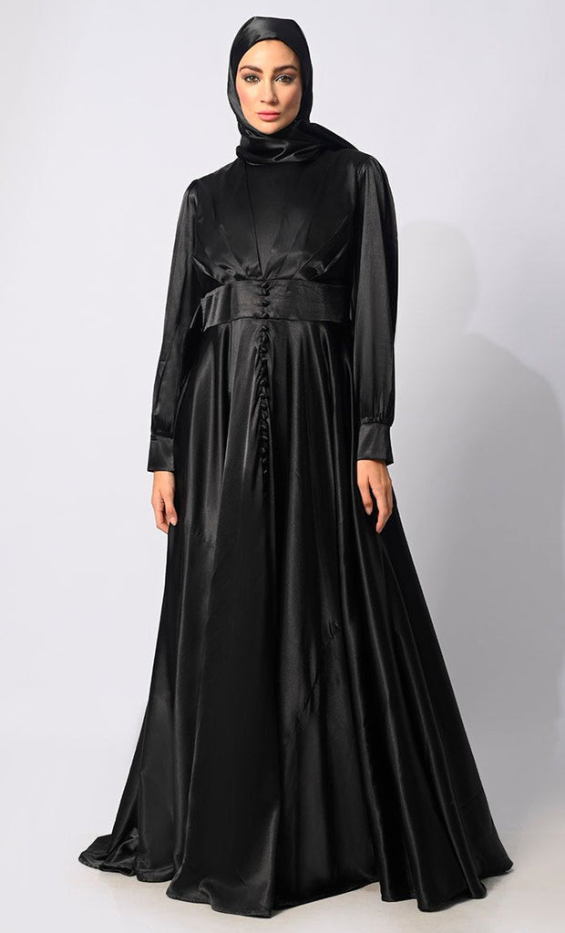 Contemporary Couture: Black Satin Flared Abaya with front Pleating and show Buttons - Final Sale - EastEssence.com